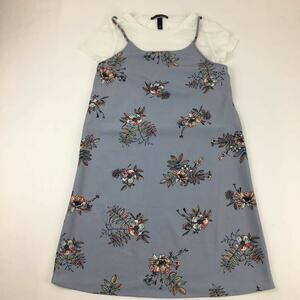 Fire Girls A-Line Dress Blue White Floral Crew Neck Short Sleeve Stretch L 10-12